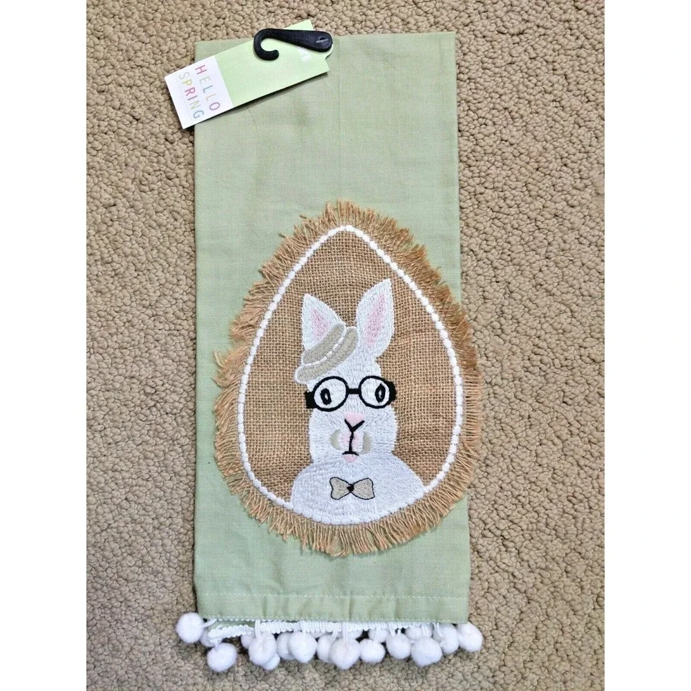 Pier 1 Imports Easter Mr. Rabbit Burlap Appliqué Pompom Trim Tea Towel Green NWT